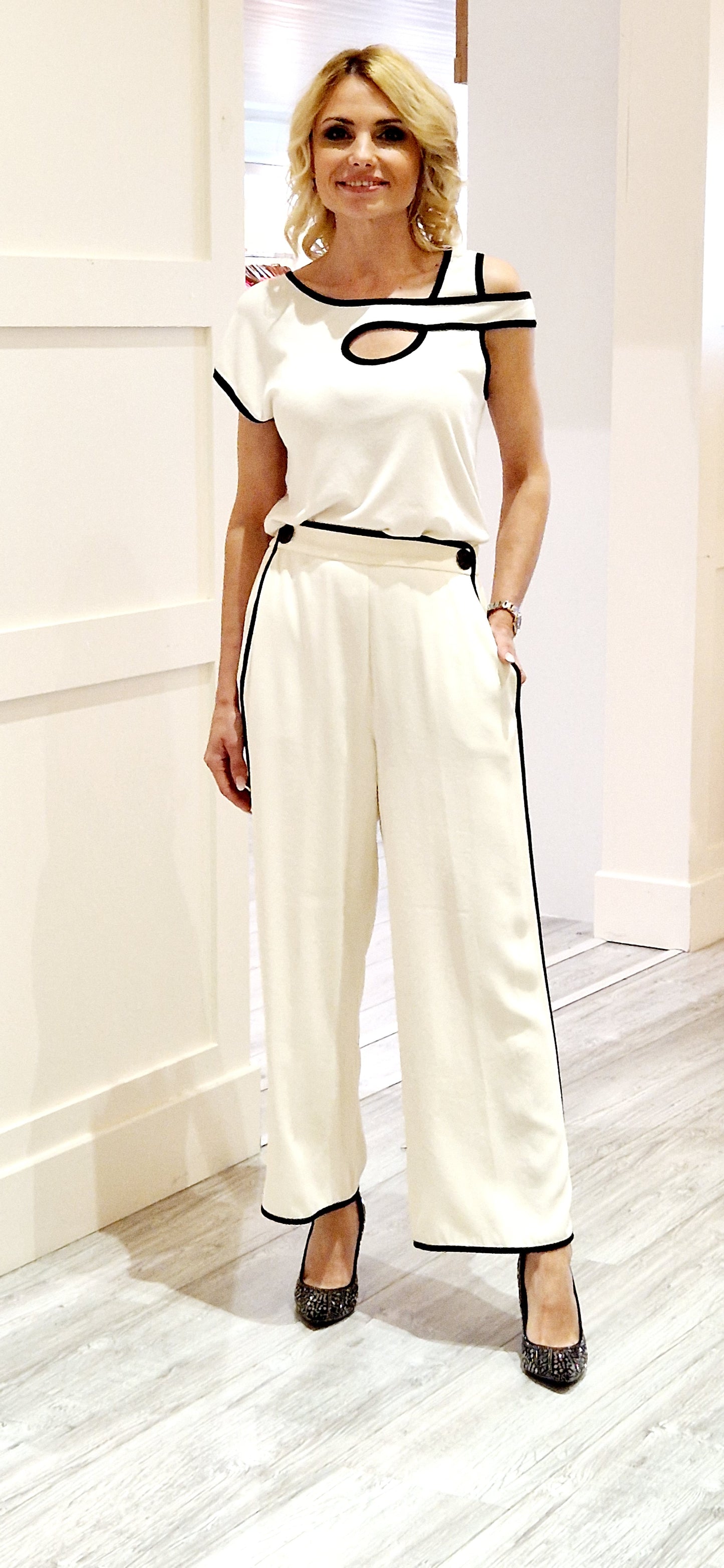Cream & Black Palazzo Trousers