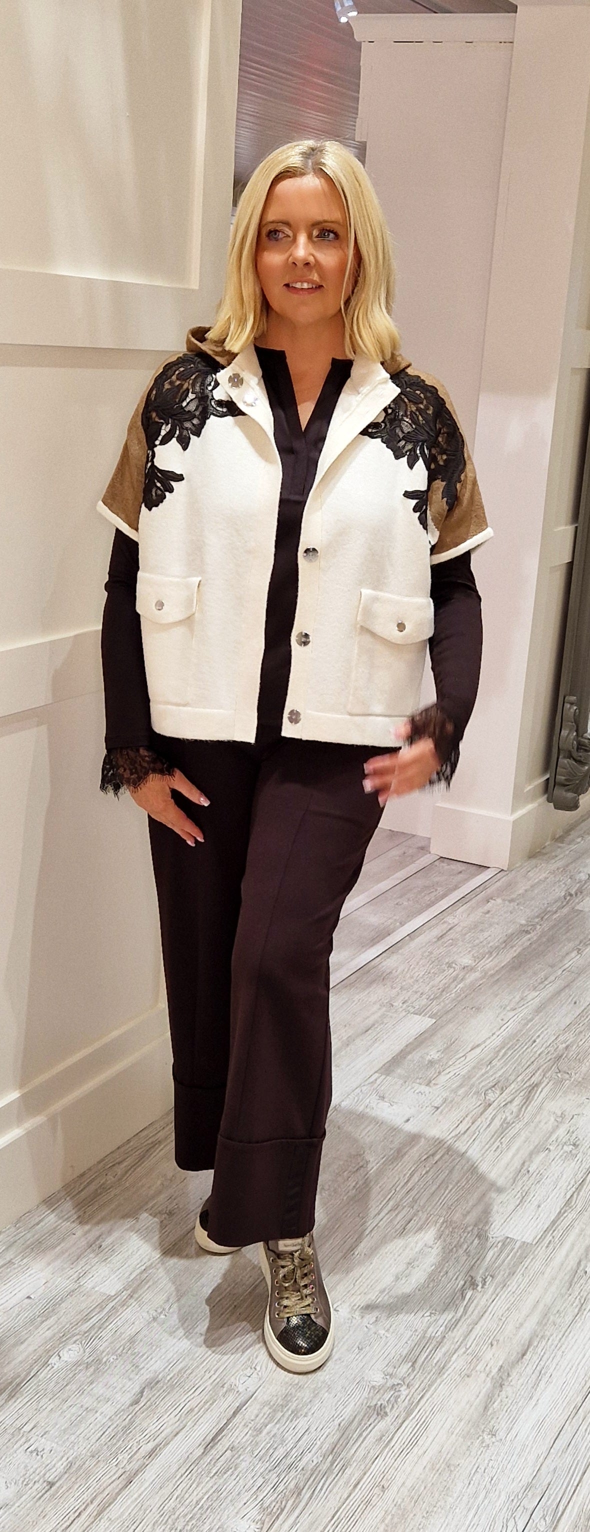Camel And Cream Knitted Cape With Lace