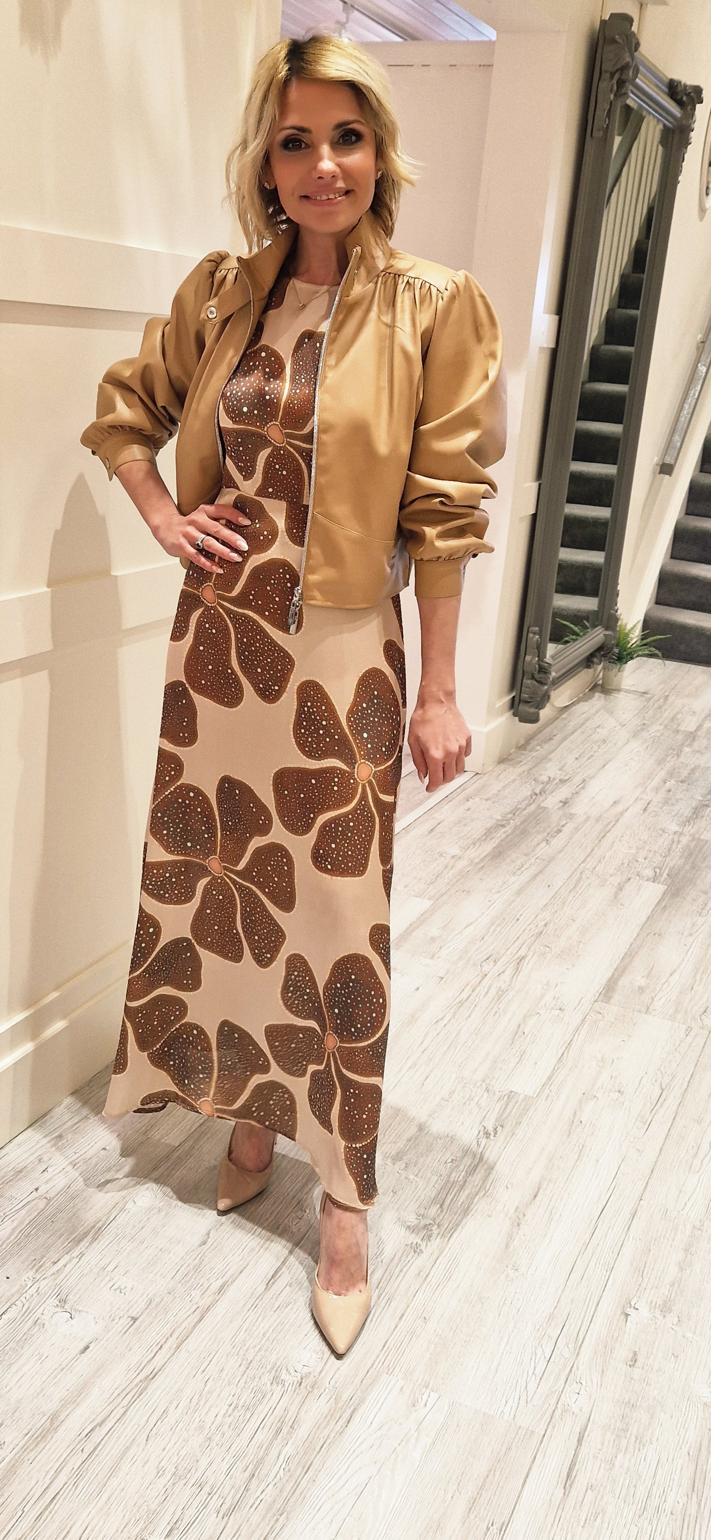 Cream And Brown Floral Dress