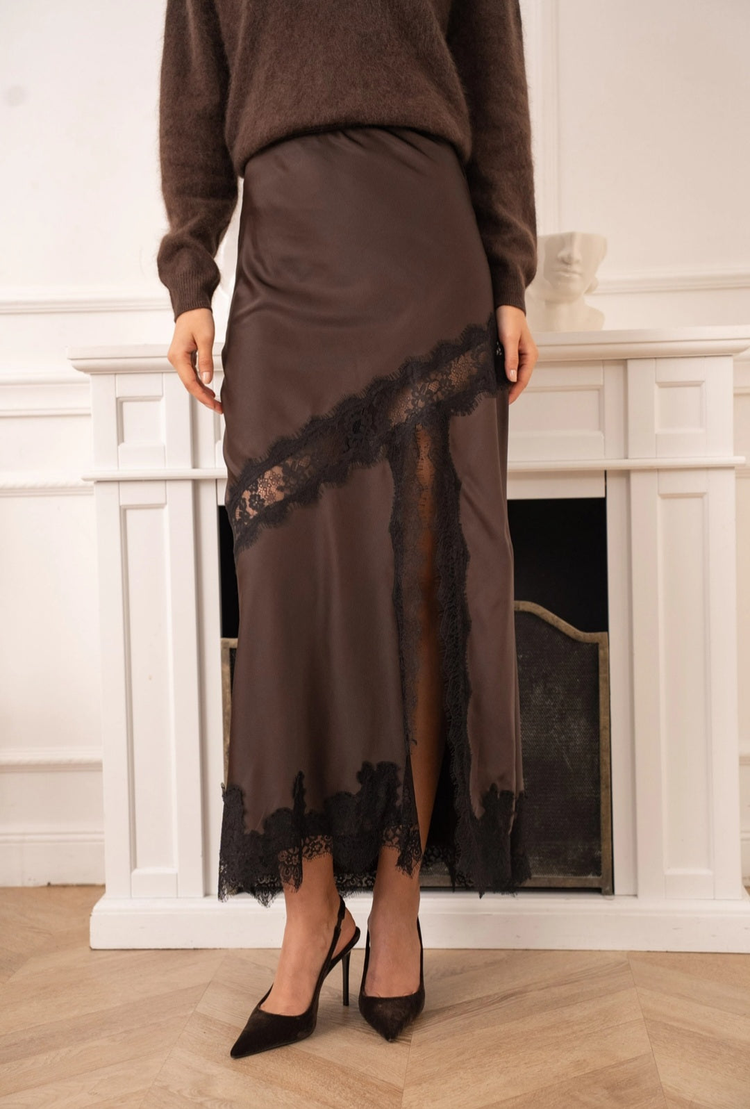 Brown Silk Skirt With Black Lace Detail