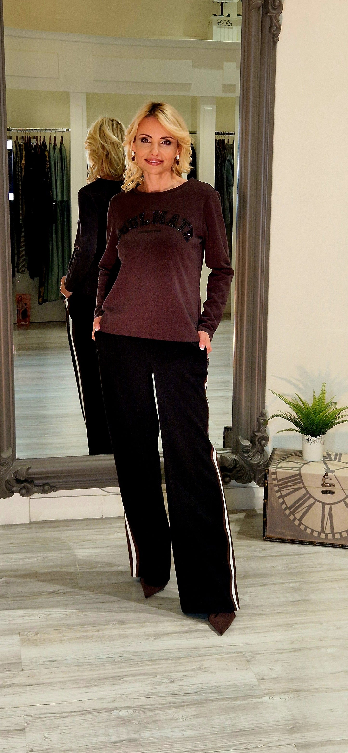 Brownie Long-sleeve Top With  rhinestone accents