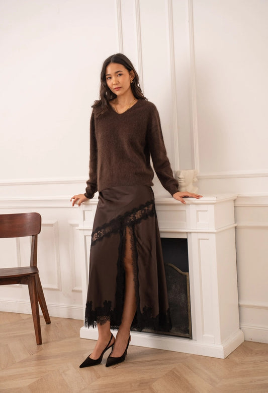 Brown Silk Skirt With Black Lace Detail