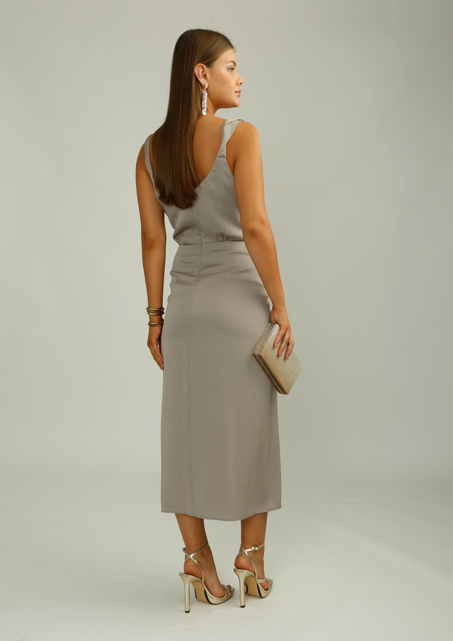 Taupe Satin Fitted Dress