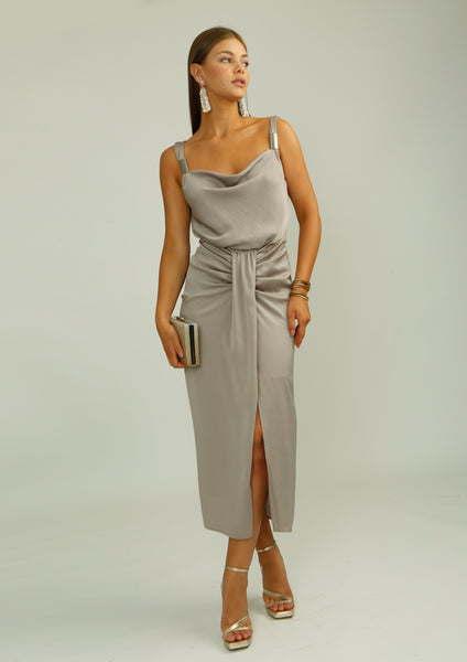Taupe Satin Fitted Dress