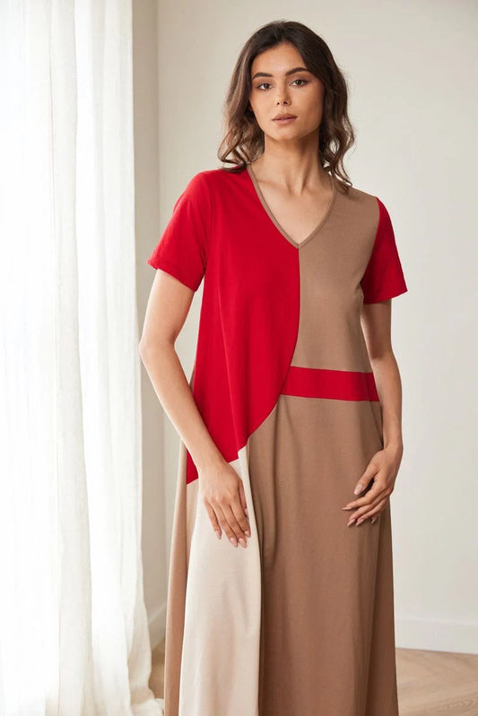 Red And Taupe Colour Block Dress
