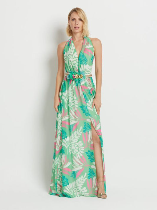 Green And Pink Printed Maxi Dress
