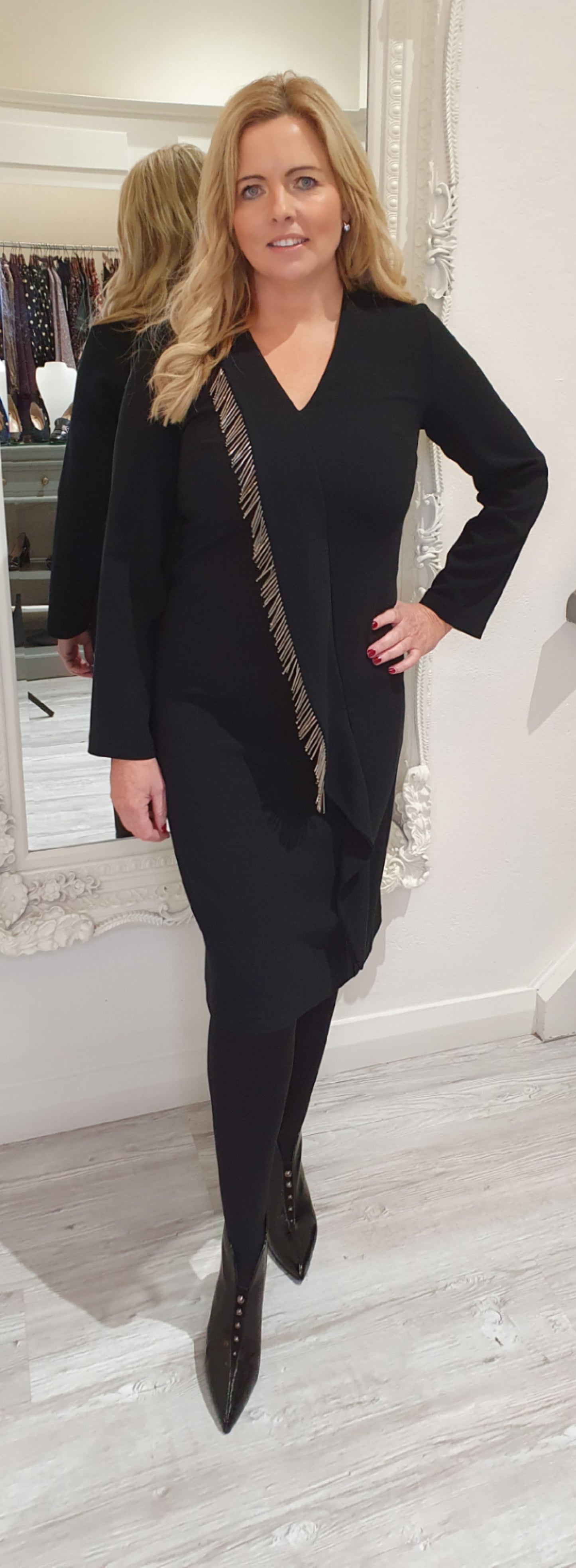 Black V Neck Dress with Silver Piping