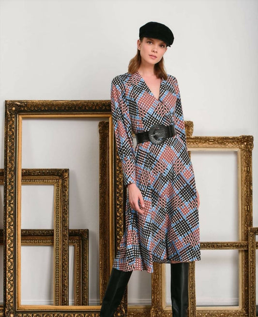Blue/Black & Tan A Line Dress