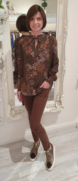 Brown Printed Blouse With Frill Detailed Neckline