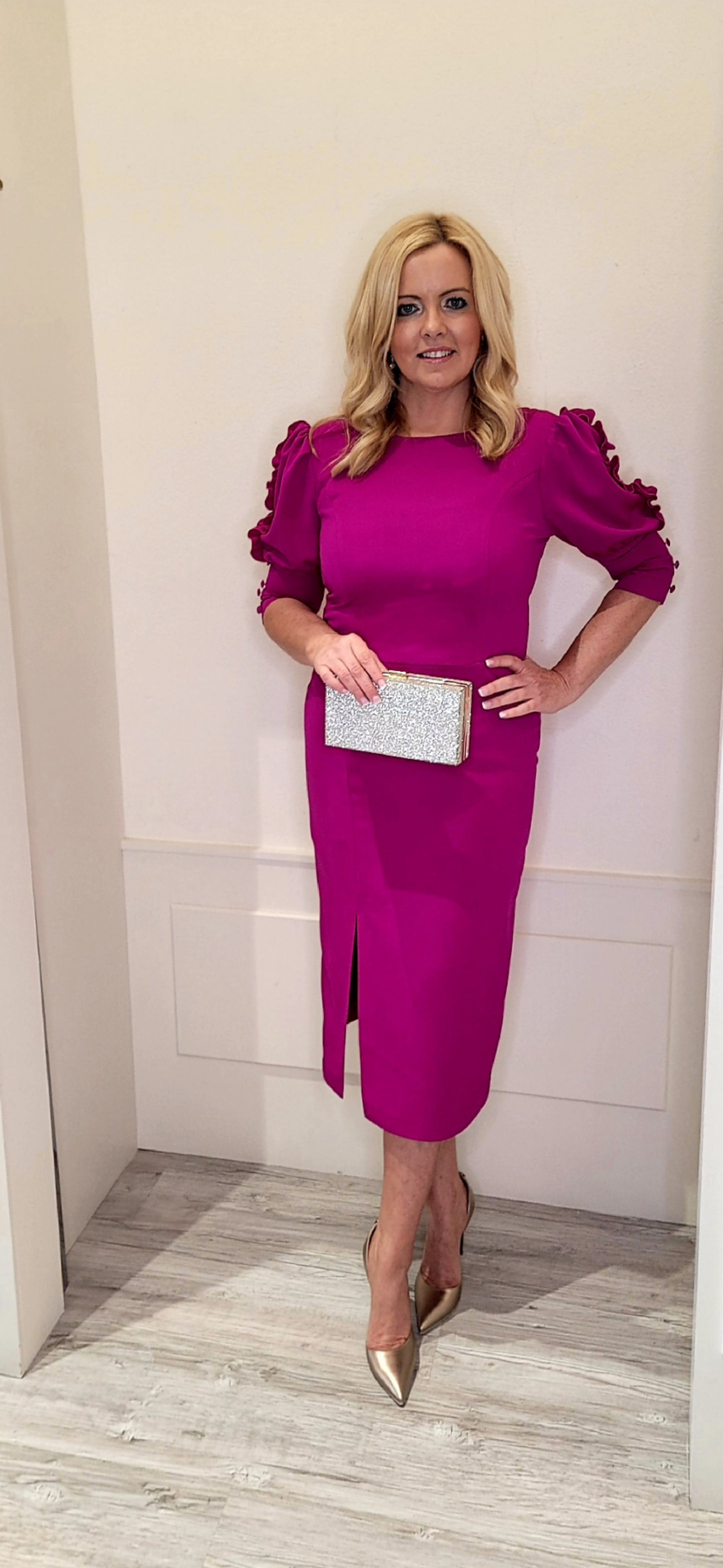 Fuchsia Midi Dress With Ruffles Sleeve