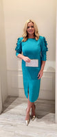 Turquoise Midi Dress With Ruffle Sleeve