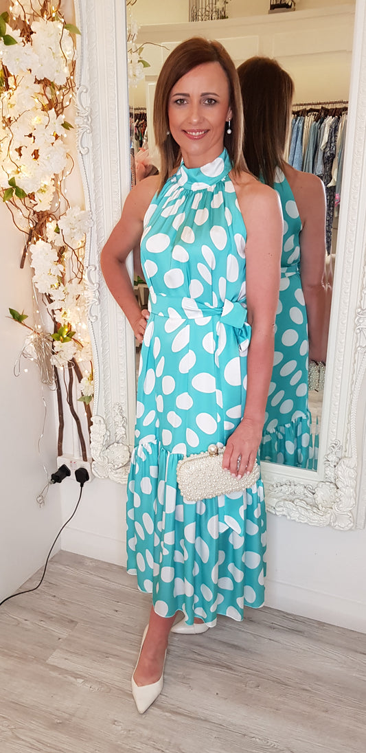 Aqua And White Halter Neck Midi Dress