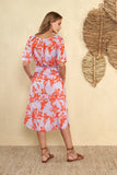 Lilac And Orange Midi Dress With Flower Print