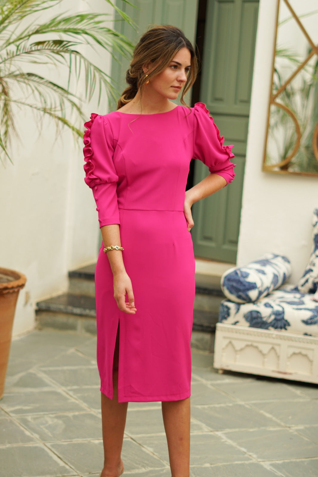 Fuchsia Midi Dress With Ruffles Sleeve