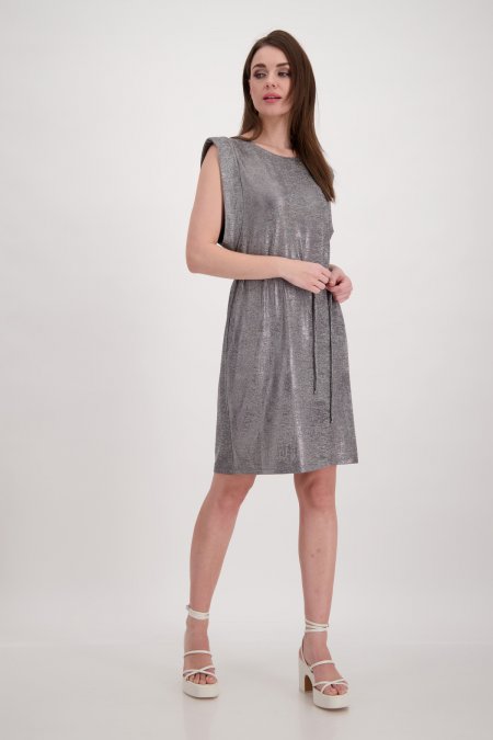 SILVER METALLIC MIDI DRESS WITH BELTED WAIST
